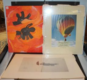 Three Photo Frames, Two Photo Frames, and Painting Three frames 16" w., 20" h., two frames 18" w., 24" h., painting signed U Bob 20" w., 16" h.