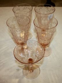Four Etched Pink Glasses One champagne; 6 1/2" h.