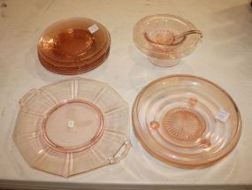 Pink Depression Sandwich Tray, Footed Bowl, Six Etched Pink Plates, Sauce Dish with Dipper Bowl 9" dia., five plates 8" dia., one plate (chipped) 7 1/2" dia.