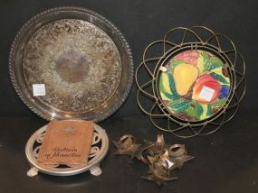 Silverplate Tray, Six Star Napkin Rings, Ceramic Fruit Plaque, Trivet, Belief Plaque Fruit plaque is 9 1/2" dia.