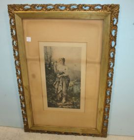 Victorian Lady Smelling Flowers in Open Pierced Carved Frame Painted by T. Bernard, frame has minor damage; 24" w., 35 1/2" h.
