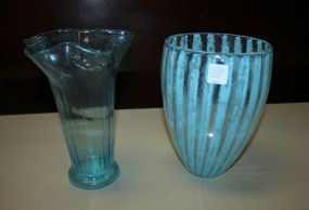 Two Blue Glass Vases 9" h.