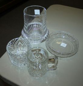 Four Glass Pieces Mug, etched 6" dia. Bowl, sugar, heavy crystal votive