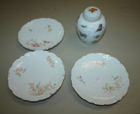 Three Hand Painted Plates and Covered Jar Plates 8" dia., jar 6" h.