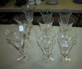 Nine Etched Glasses Three are 8 1/2" h., six are 7" h., few tiny chips