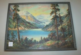 Print of Lake and Mountain Scene Signed Thompson; 16" w., 12" h.