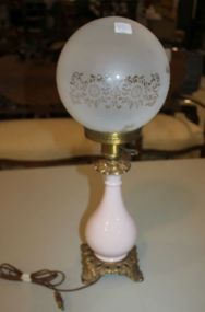 Porcelain and Brass Lamp with Etched Shade 18" h.