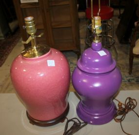 Large Pink Porcelain Lamp and Purple Lamp 19" h.