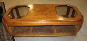Contemporary Coffee Table with Cane Shelf Glass panels; 56" l., 26" w., 17" h.