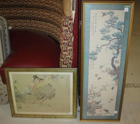 Two Prints Oriental maidens 22" w., 18" h.; peacocks 13" w., 37" h.
