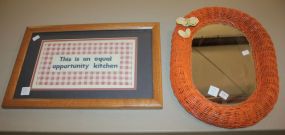 Orange Oval Wicker Mirror and Needlepoint for Kitchen Mirror 12" w., 15" h.; needlework 17" w., 10" h.