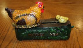 Reproduction Cast Iron Mother Hen Bank 6" h.