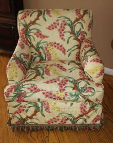 Pair of Gold Silk Coverd Dephne Chairs and ottoman with fringe