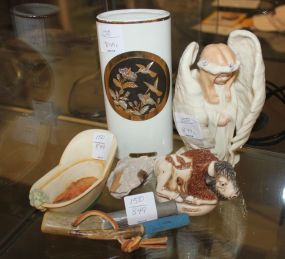 Vase with 24 Gold Trim, Limited Edition Porcelain Angel, Small Wood Tub, and Faux Bone Bison Angel 5