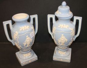 Pair of Ceramic Wedgwood Style Urns one lid missing, 11"h.