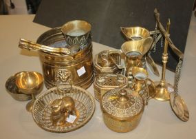 Grouping of Brass which includes pitchers, cups, planter, scales, 10"w., 10'h.