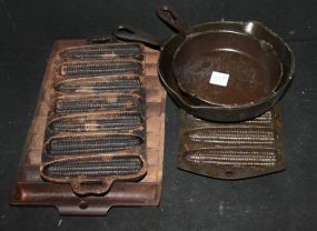 Iron Skillet, Iron Skillet, Three Cornbread Pans Iron Skillet 6", Iron Skillet 8", Three Cornbread Pans, largest 14" x 7" marked Griswold