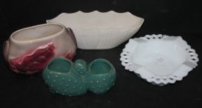 Three Pottery Planters, Milk Glass Dish 7"