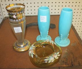 Two Aqua Fiesta Vases, Painted Decorated Vase, Matching ashtray vases 6"h.