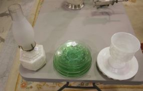 Seven Green Depression Glass Plates, Three Milk Glass Plates, Milk Glass Candy Dish, Glass Kerosene Lamp dish 6"h.