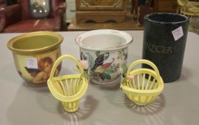 Two Small Planters, Two Yellow Baskets, and Benziger Marble Jar Baskets 4" across, 5"dia. Planters