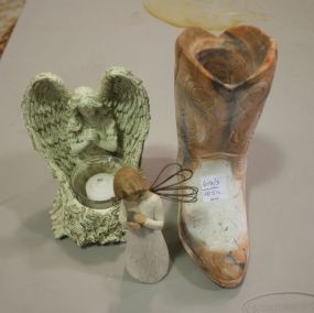 Pottery Boot, Resin and Wood Angels 5"h.