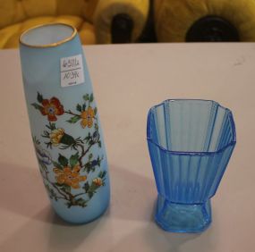 Art Glass Italian Blue Vase 9"h., and Blue Depression Glass Spooner