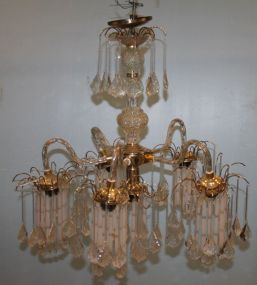 Five Arm Brass Chandelier with Plastic Prisms 27"dia., 23"h.