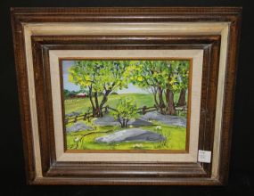 Oil Painting of Barns in a Pasture signed June Armour 17"w., 15"H.