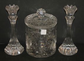 Crystal Biscuit Jar and Pair of Candlesticks 10"h.