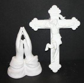 Lenox 1999 Crucifix and Lenox Praying Hands Lenox 1999 Crucifix (broken, have piece) 8"w., 12"h., Lenox Praying hands 8"h.