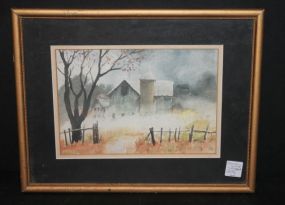 Watercolor of Barns in Grown Up Field by McClare Kansas artist, 14"w., 11"h.