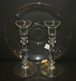 Glass Sandwich Tray and Pair of Candlesticks tray 13"dia., candlesticks 10"h.