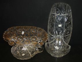 Press and Cut Glass Dish, Basket, Nappy, Gold Painted Press Glass Dish dish 12"L., basket 4"