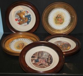 Pair of Transfer Painted Framed Plates and Three Bicentennial Collection Plates plates 11"dia., plates 12"dia.