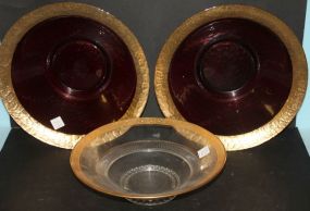 Two Pigeon Blood Bowls with Gold Trim and One Bowl with Gold Trim trim 13"dia., trim 12"dia.