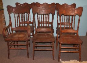 Set of Six Oak Press Back Chairs 1 arm, 5 sides, 19"w., 42"h.