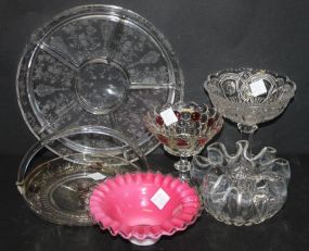 Group of Glass insert of brides basket 2" base, two compotes, etched dish, and bowl.