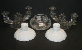 Fenton Milk Glass Candlesticks, Cut Glass Jar, Pair of Candlesticks jar (no lid) 5"dia., candlesticks 8"w., 4"h.
