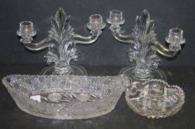 Cut Glass Banana Boat with Floral Etching and Cut Glass Nappy, Pair of Candlesticks nappy 6"dia., boat 12"long