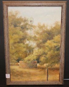 Oil Painting of Windmill in a Field by Pem Dunn Pem Dunn (Colorado landscape artist) painting of windmill signed and dated Pem Dunn '77; 13 1/2" w., 19 1/2" h.