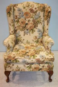 Queen Anne Style Wing Back Chair In floral fabric; 44" h.
