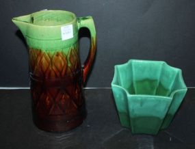 Signed Hager Planter and Pottery Pitcher No mark and chip on bottom of pitcher; planter 5 7/8" dia., pitcher 9 1/2" h.