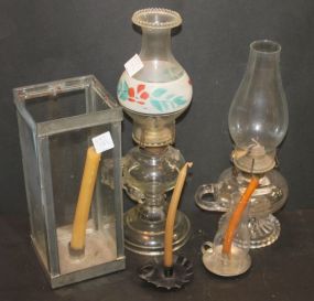 Two Glass Oil Lamps with Handle and Two Candle Holders Lamps 14" h.