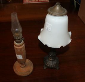 Wooden Oil Lamp and Small Metal Desk Lamp Wooden lamp 12" h.