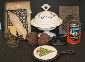 Various Iron Pieces Including potpourri, 5" h. dog bookend, door knocker, small brackets 8 1/2" h.