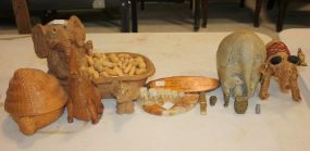 Group of Elephants, Small Brass Owl owl 1"h., elephant ashtray, owl 2"h.