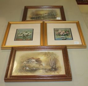 Four Prints of Houses and Flowers 9"w., 11"h., 11"w., 9"h.