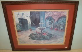 Print of New Orleans Courtyard signed Helen Beachmann, 40"w., 33"h.
