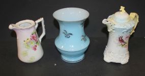 Vintage Blue Glass Vase and Porcelain Pitchers chips on rim, 7"h.
